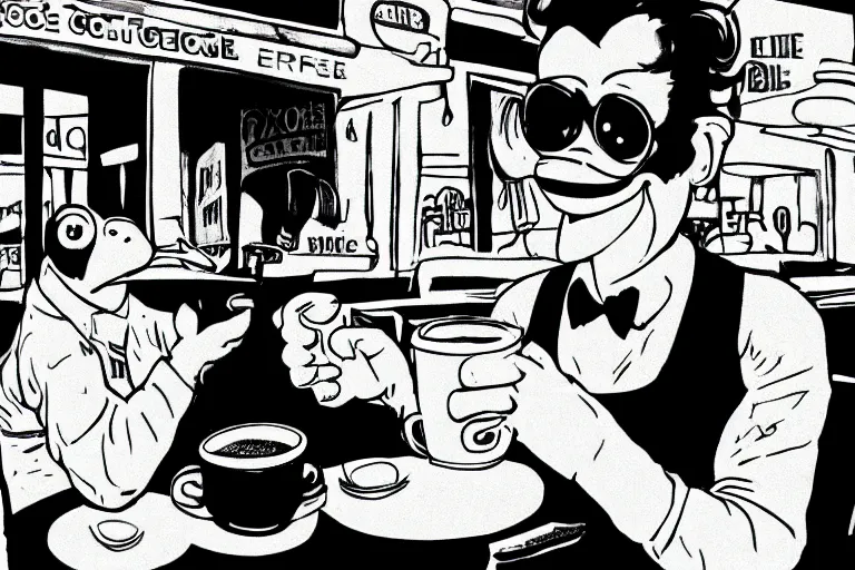 Image similar to pepe the frogs drinking coffee in a cafe, 8 0 s style, cinematographic photo