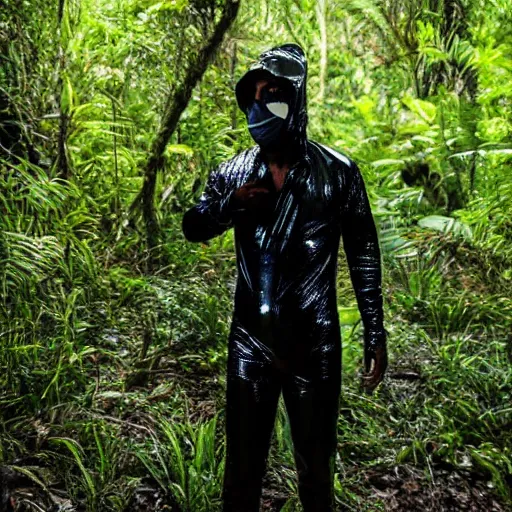 Image similar to national geographic photo, a man wearing a black shiny latex suit including pants and a shirt and mask crawling through dense jungle underbrush, night photo,