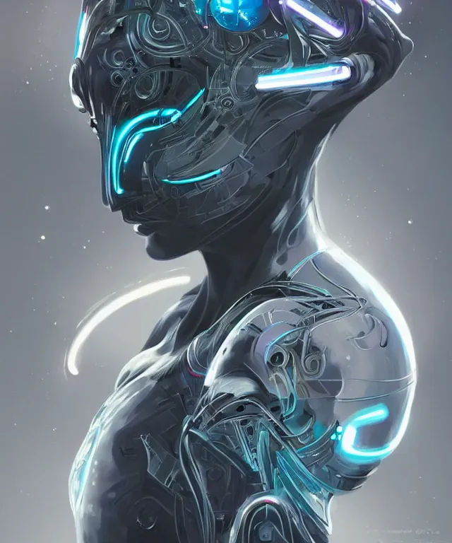 Image similar to a woman turning into an Android portrait wearing a part cybernetic body, surrealism , scifi, intricate, elegant, sharp eyebrows, highly detailed cybernetic body, neon glowing eyes, digital painting, artstation, concept art, smooth, sharp focus, illustration, art by Artgerm and moebius and Peter Mohrbacher