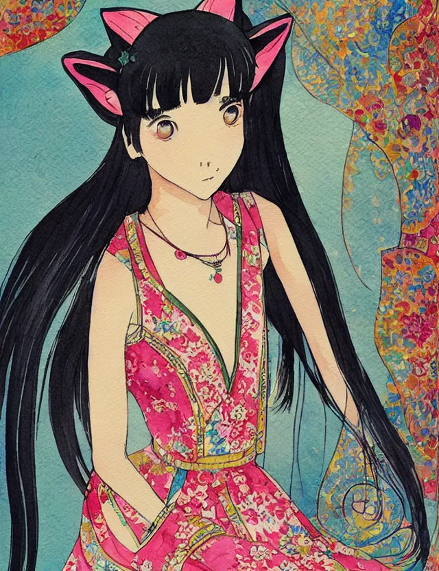 Image similar to central asian woman with cat ears, wearing a lovely dress. this watercolor painting by the award - winning mangaka has impeccable lighting, an interesting color scheme and intricate details.