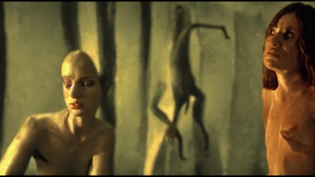 Image similar to movie scene of a girl and a draconian humanoid, reptil, reptilian, movie still, cinematic composition, cinematic light, criterion collection, reimagined by industrial light and magic, Movie by Andrzej Żuławski
