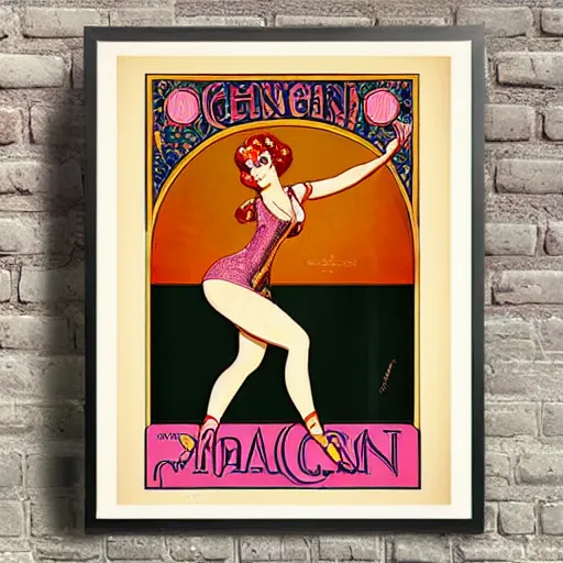 Prompt: art nouveau champagne poster with a happy girl dancing cancan