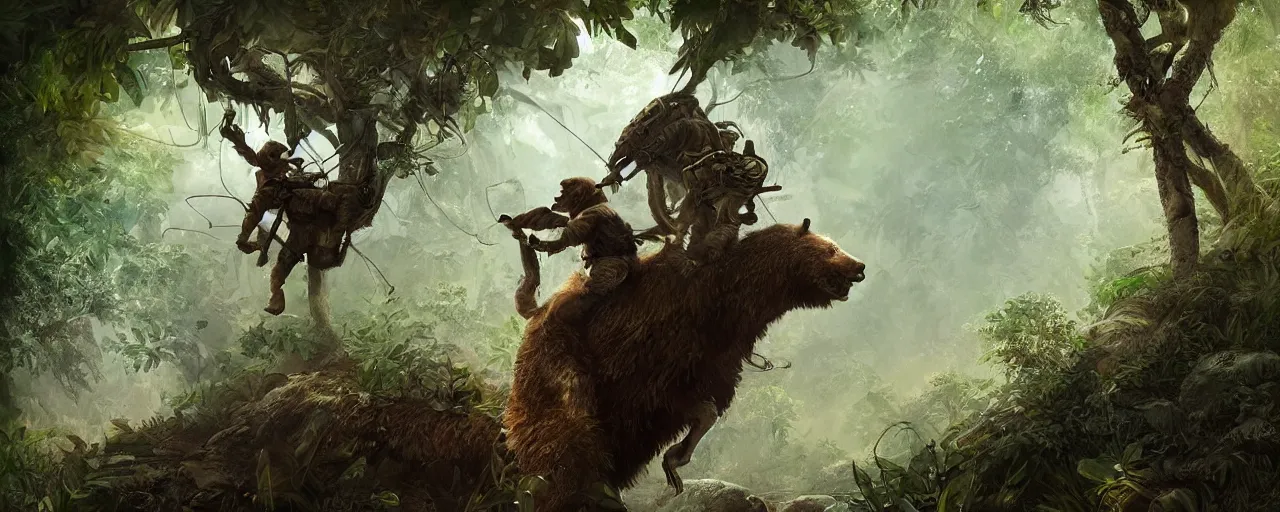 Prompt: an intricate concept illustration of a boy riding on a military bear in the jungle, artstation, fantasy, hyper realistic, concept art, art by dylan cole, cinematic lighting, fantasy color palette