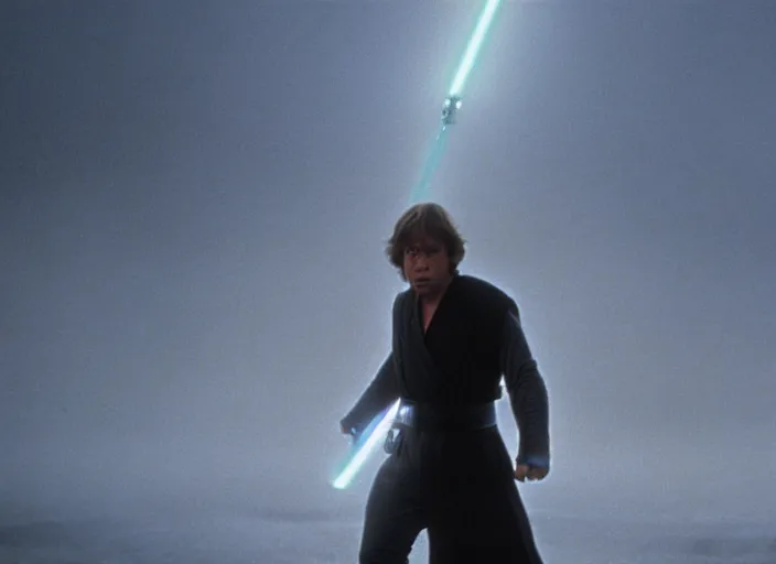 Prompt: epic still of Luke Skywalker using lightsaber in foggy environment, approaching an ancient temple in the distance, iconic scene from the 1980s film directed by Stanley Kubrick, cinematic lighting, kodak film stock, strange, hyper real, stunning moody cinematography, with anamorphic lenses, crisp, detailed portrait, 4k image