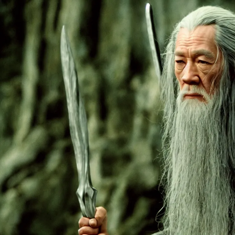 Image similar to film still of Lucy Liu as Gandalf in Lord of the Rings,