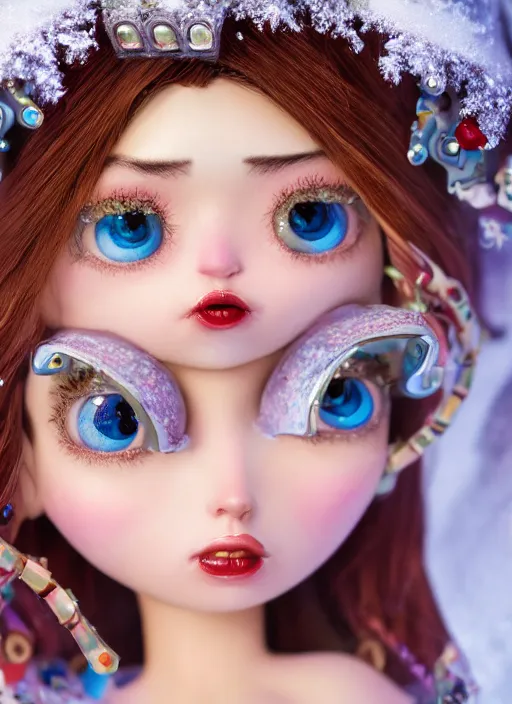 Image similar to closeup profile portrait of tin toy fairytale princess ice snow bikini girl, depth of field, zeiss lens, detailed, symmetrical, centered, fashion photoshoot, by nicoletta ceccoli, mark ryden, lostfish, breathtaking, 8 k resolution, extremely detailed, beautiful, establishing shot, artistic, hyperrealistic, octane render
