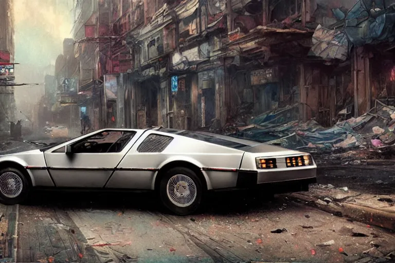 Image similar to photograph of the delorean driving down the streets of a cyberpunk abandoned city, by greg rutkowski, by stanley artgerm, by alphonse mucha