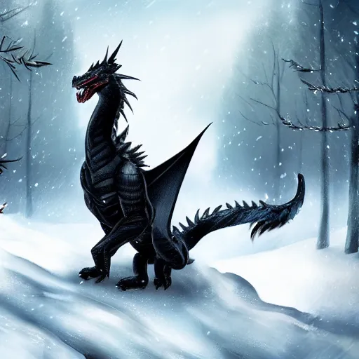 Image similar to handsome cute black dragon in snowy forest, dnd character, background focus, fantasy, magic, realistic