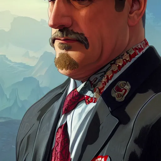 Image similar to [RiffRaff as the president of Canada as a GTA character, propaganda, closeup, D&D, intricate, elegant, highly detailed, digital painting, artstation, concept art, matte, sharp focus, illustration, art by Artgerm and Greg Rutkowski and Alphonse Mucha]