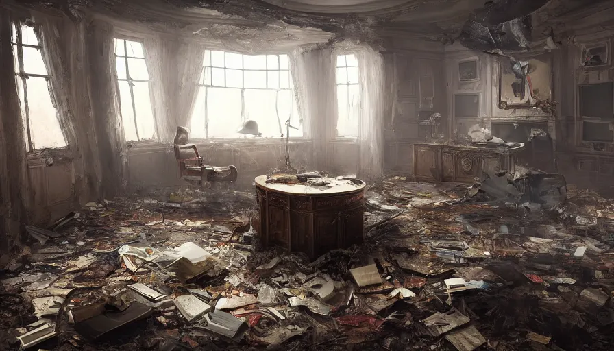 Image similar to interior of destroyed oval office, debris, small fire, hyperdetailed, artstation, cgsociety, 8 k