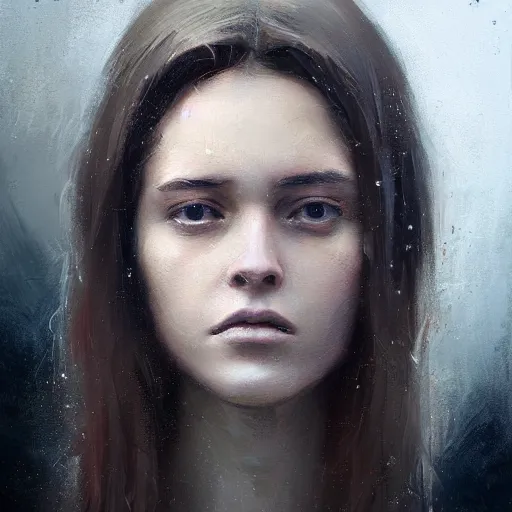 Image similar to Portrait of a woman by Greg Rutkowski, she is about 20 years old, round face, mixture turkish and russian, dark blonde hair with two strands around her face, attractive, sad and melancholy gaze, she is wearing a jumper overall, highly detailed portrait, scifi, digital painting, artstation, concept art, smooth, sharp foccus ilustration, Artstation HQ.