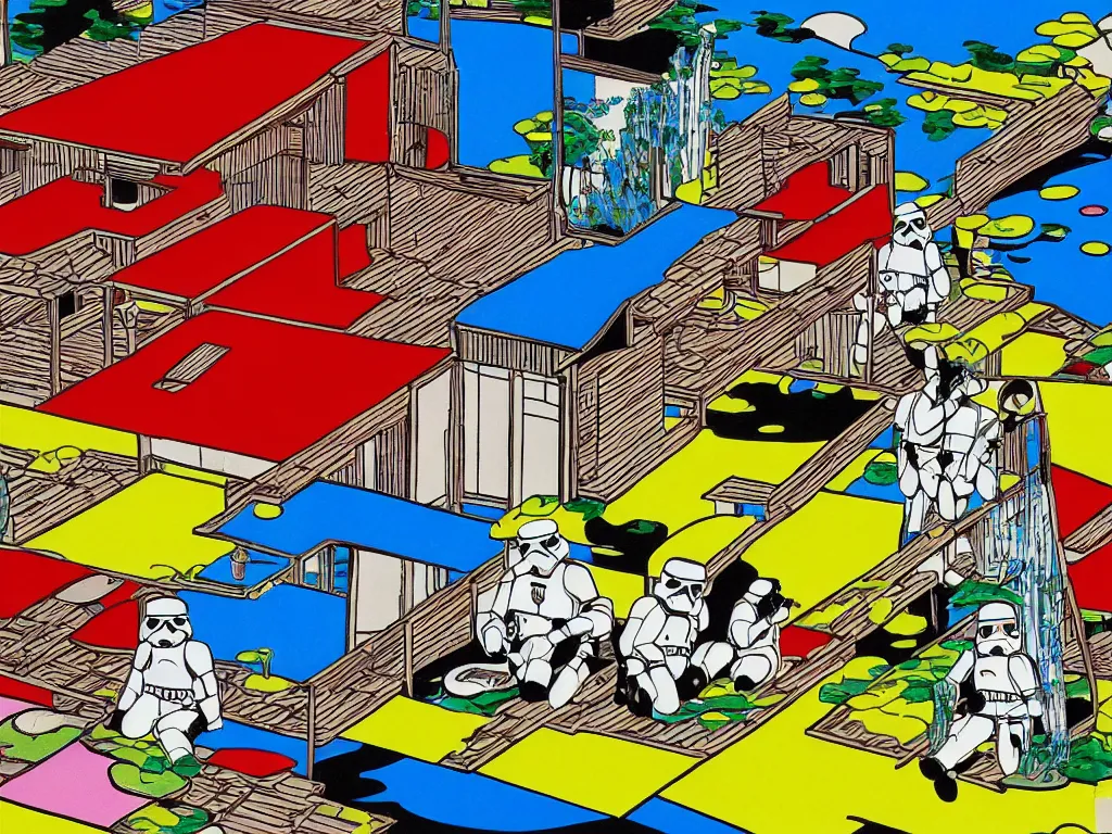 Image similar to close - up image of a japanese house with a pond, stormtroopers sitting around it, in style of pop - art, andy warhol, roy lichtenstein, jackie tsai, bright and saturated palette, acrylic on canvas