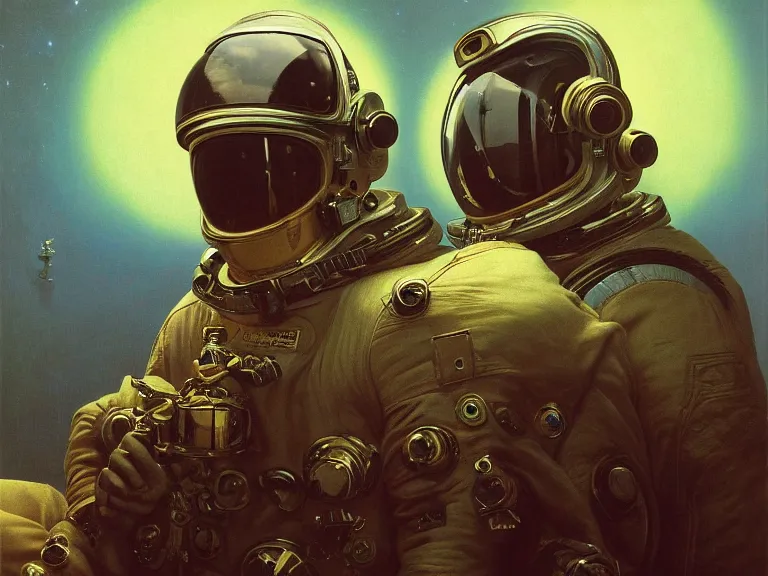 Image similar to a detailed profile oil painting of pilot in a spacesuit with reflective visor, flight suit, portrait symmetrical and science fiction theme with aurora lighting by beksinski carl spitzweg and tuomas korpi. baroque elements, full-length view. baroque element. intricate artwork by caravaggio. Trending on artstation. 8k