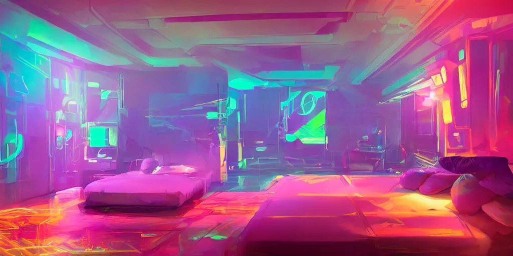 Prompt: A futuristic neon colorful dream-like dazzling hotel bedroom with dappled lighting illustrated by Greg Rutkowski, architectural photography, professional photography, Trending on artstation, artstationHQ, artstationHD, 4K resolution, 8k resolution