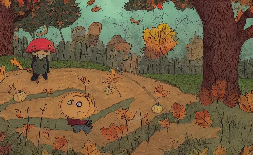 Prompt: an illustrated background of a fall scene from Over the Garden Wall, highly detailed