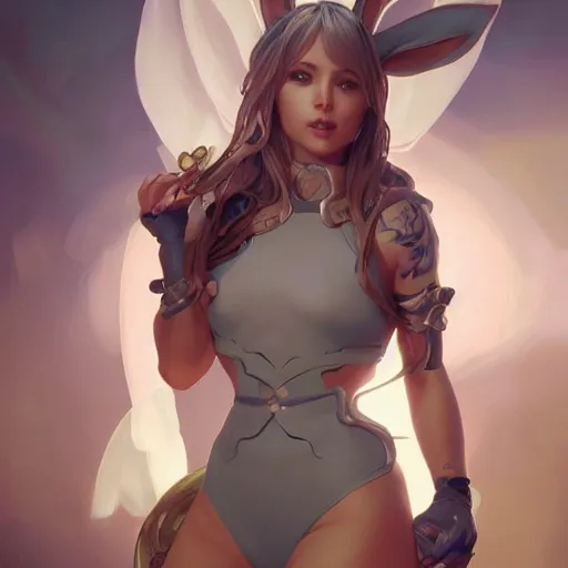 Image similar to sage ( valorant ), wearing a bunny suit, cg animation, riot entertainment, arcane, realistic, character select portrait, by artgerm, greg rutkowski, alphonse mucha, 3 d, pixiv, full body