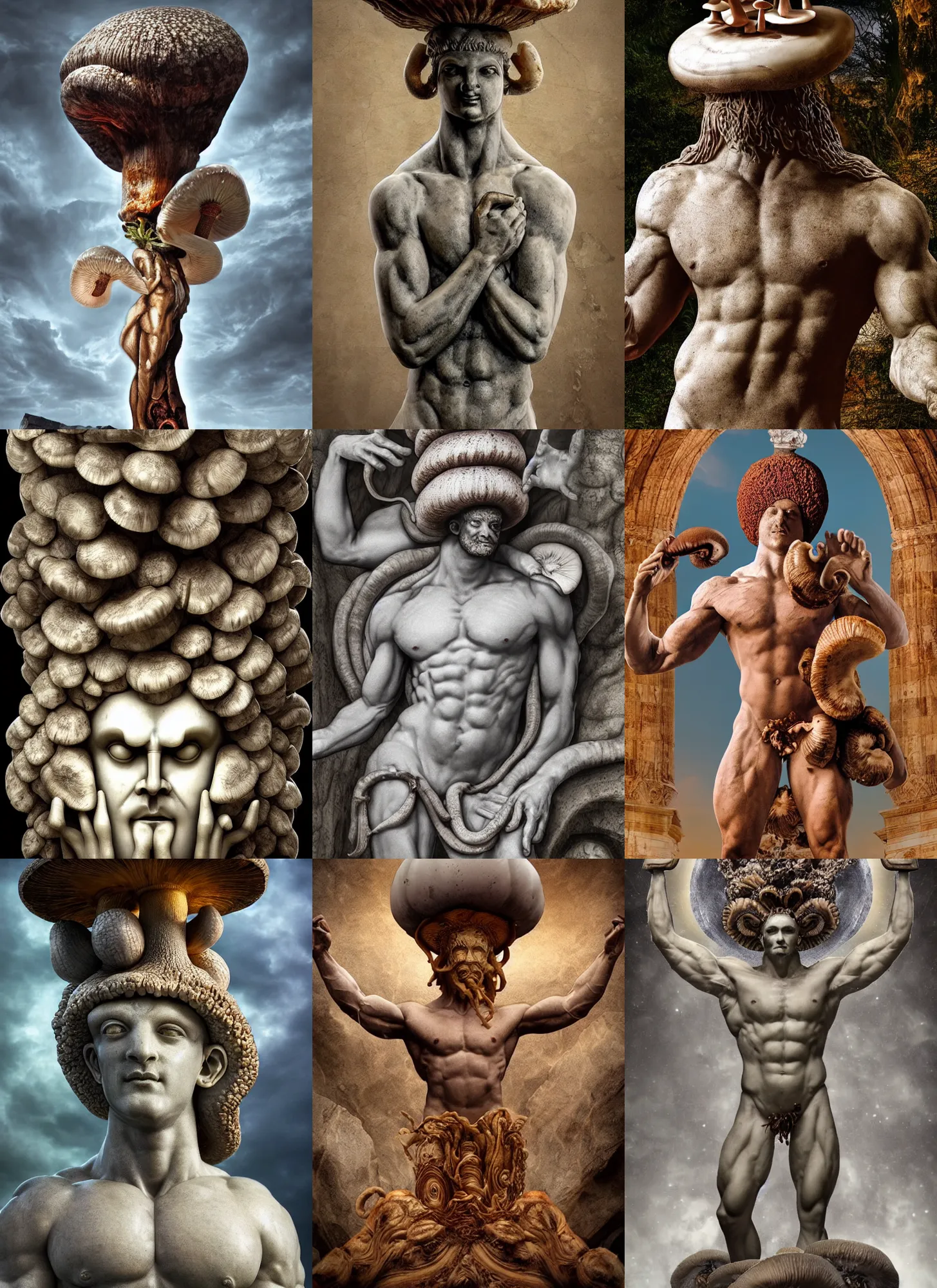 Prompt: magnificent shrigma the mushroom deity as depicted in a colossal marble statue ( with godlike bodybuilder physique ) left by ancient greeks, eldritch statue of a mushroom god with cute large mushroom hat, hdr, 8 k, dslr, surreal photo, artstation