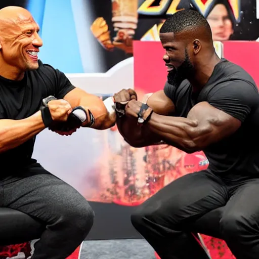 Prompt: Dwayne Johnson and Kevin Hart in an arm wrestling match, sports photography