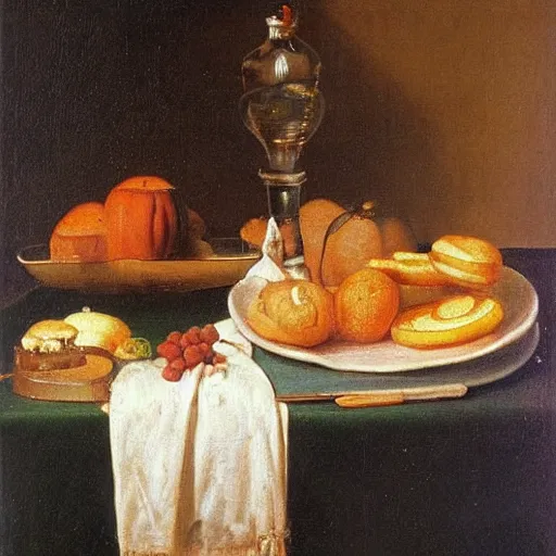 Image similar to Still life with nutritious breakfast, oil painting, dutch masters, hanging in the louvre