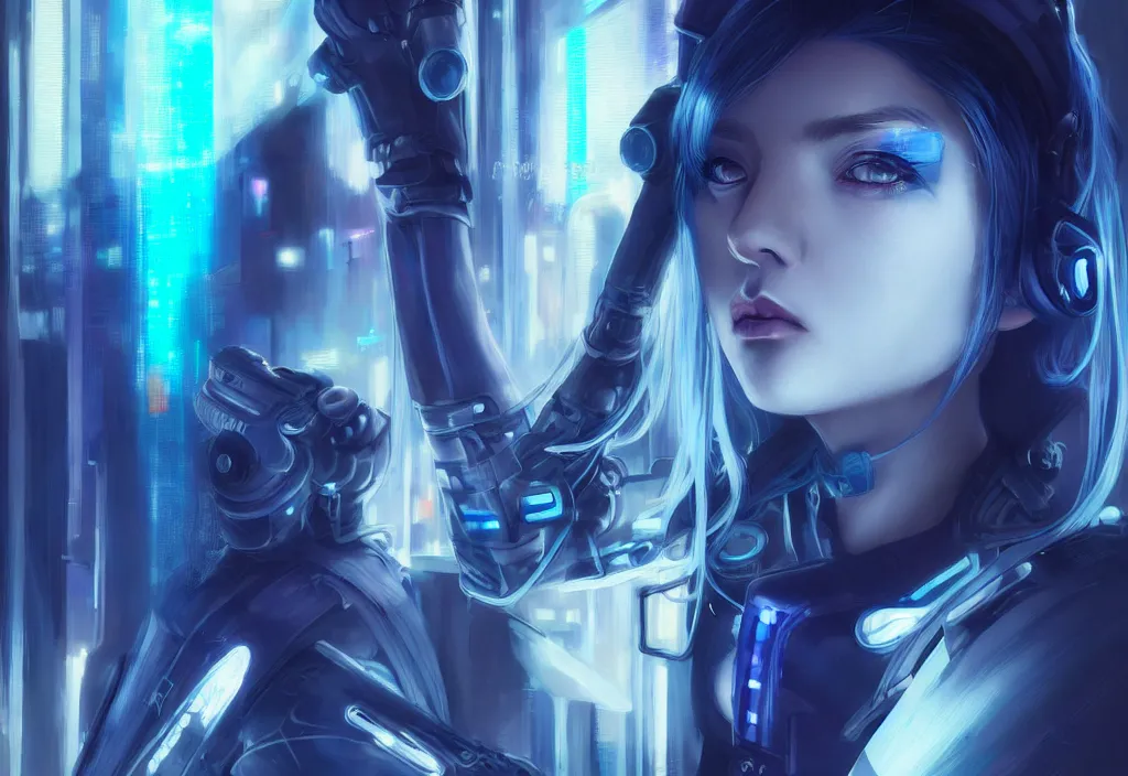 Image similar to portrait grey blue hair of futuristic police girl, black color uniform, at cyberpunk reflected tokyo night, ssci - fi and neon light, fantasy, intricate and beautiful, highly detailed, digital painting, artstation, concept art, smooth and sharp focus, illustration, art by tian zi and wlop and alphonse mucha