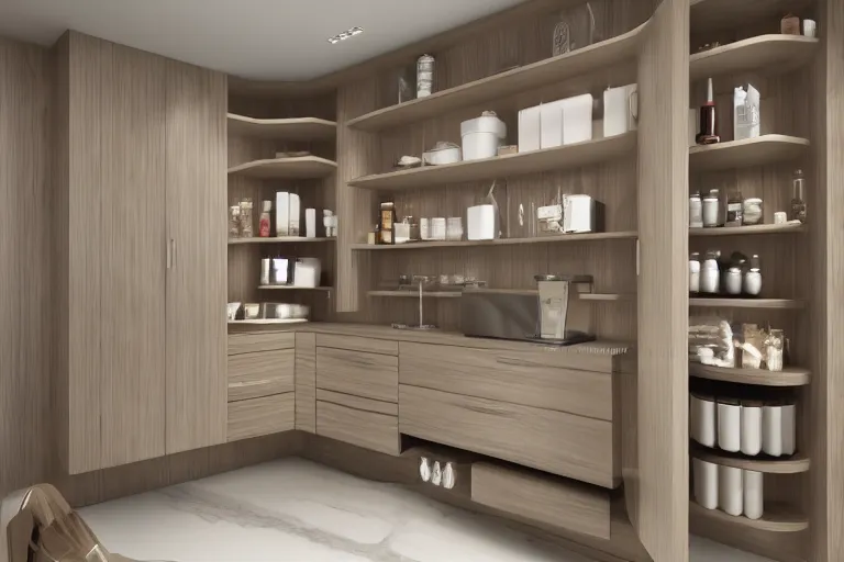 Image similar to highly detailed interior design of a modern pantry table and wall, mirrors, veneer, luxury design, studia 5 4, 3 d render, ultra realistic, v - ray render, high definition