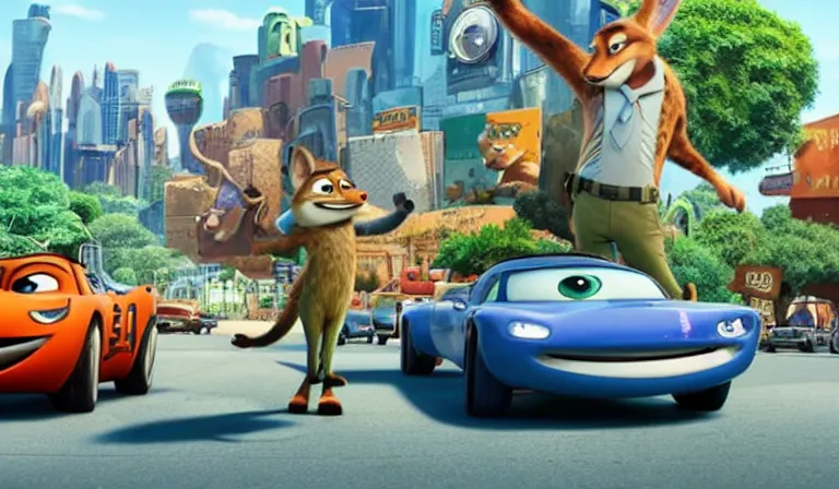 Prompt: The chase scene in Zootopia. Pixar Digital Movies