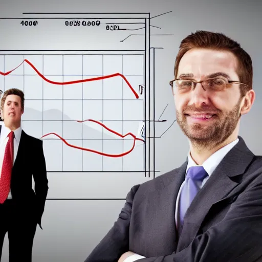 Image similar to hyperrealistic illustration cinematic hyperrealism happy businessman behind him is a statistical graph of high profits