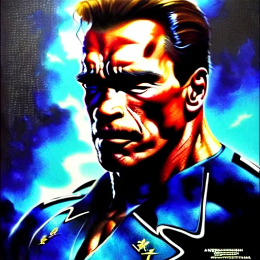 Image similar to uhd photorealistic portrait of nazi arnold schwarzenegger, by amano, ayami kojima, greg rutkowski, lisa frank, mark brooks, and karol bak, masterpiece, cinematic composition, dramatic pose, studio lighting, correct face, hyperdetailed, intricate details