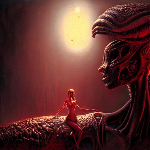 Image similar to ultra realist horror painting of a dimly lit attractive alien female and hellish creature together, very intricate details, focus, curvy, full frame image, artstyle hiraku tanaka and craig mullins, award winning