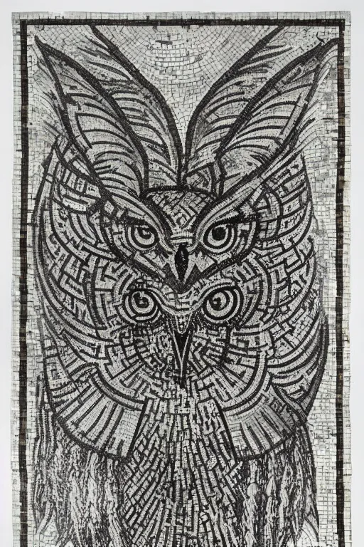 Image similar to realistic medieval etching mosaic of the owls of astarte, intrincate detail, clear cross hatching, detailed faces. by austin osman spare, occult art, alchemical diagram