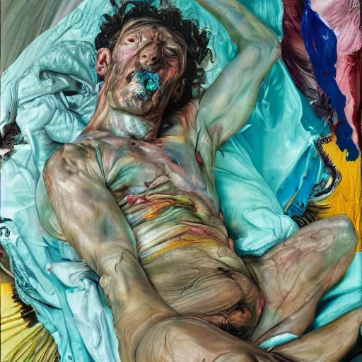 Image similar to high quality high detail painting by lucian freud and jenny saville, hd, psychedelic freak out, turquoise, ambient lighting