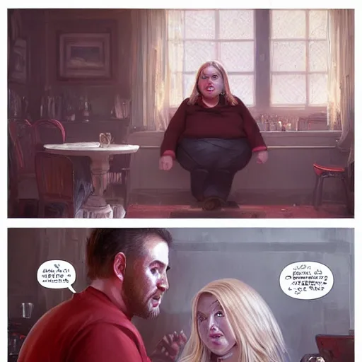 Image similar to portrait of a blonde chubby woman eating kebab, light stubble with red shirt inside victorian mansion ,digital art,photorealistoc,art by greg rutkowski,hyperdetailed,western comic style,comic,comic style,sharp lineart,professional lighting,deviantart,artstation,trevor henderson,rossdtaws,cinematic,dramatic