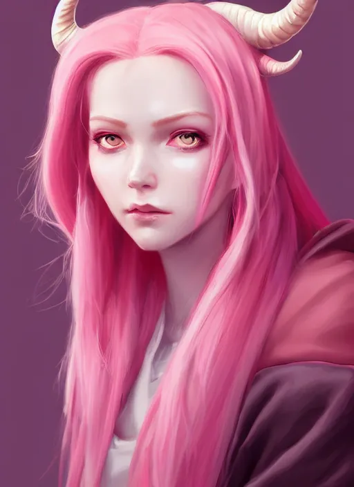 Image similar to a highly detailed illustration of cute smug pink haired pale girl with two curved horns wearing oversized pink hoodie, dramatic smirk pose, intricate, elegant, highly detailed, centered, digital painting, artstation, concept art, smooth, sharp focus, league of legends concept art, wlop.