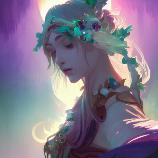 Image similar to Night Elf Druid, ambient lighting, 4k, alphonse mucha, lois van baarle, ilya kuvshinov, rossdraws, artstation