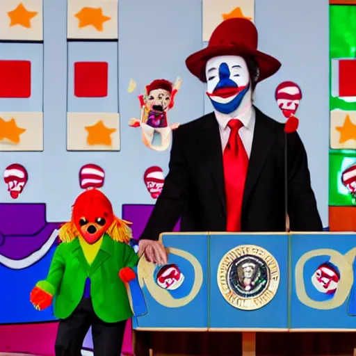 Image similar to puppet show with a puppeteer using a president with clown makeup in a podium