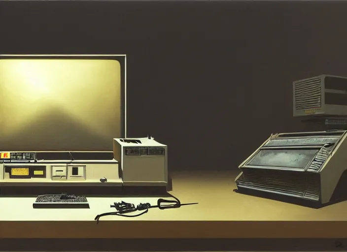 Image similar to still life painting of a retro electronics supercomputer workstation by pieter claesz, oil on canvas, blade runner vibes, syd mead concept art, minimalist, strong lighting, highly detailed, hyper realism, golden hour, god rays, hd, 4 k