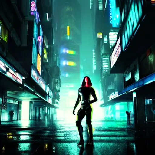 Image similar to jennifer connely as a cyborg in a cyberpunk movie in a distopic futuristic city in the style of bladerunner, movie still, highly detailed, rainy night, volumetric lights, dramatic, scifi