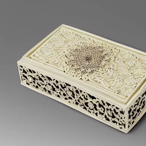 Prompt: arabesque carved ivory box, studio photography, black background