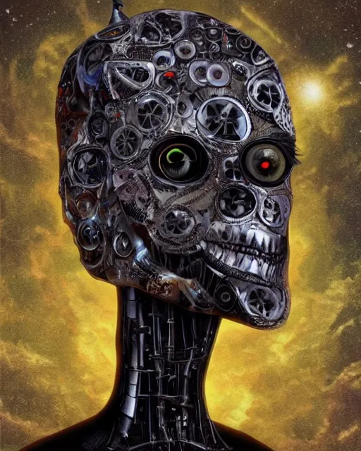 Image similar to halloween robot theme surrealist art in the styles of igor morski, jim warren, and a tim burton film, intricate, hyperrealistic, accurate facial details, profile picture with chromakey!!!!! background, volumetric lighting