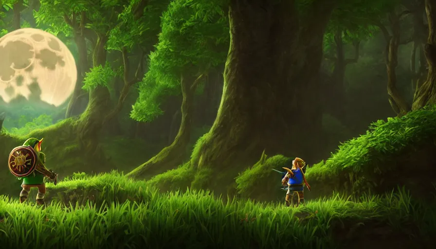 Image similar to the legend of zelda, vines, forest, hyperrealistic, highly detailed, cinematic, single ray of moon, beautiful, cgssociety, artstation, 8 k, oil painting