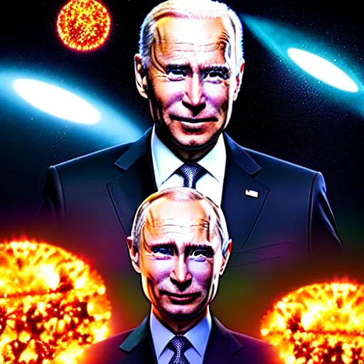 Prompt: uhd candid photo of cosmic joe biden and vladimir putin blowing up the entire solar system while high, glowing, global illumination, studio lighting, radiant light, hyperdetailed, correct faces, elaborate intricate details. photo by annie leibowitz