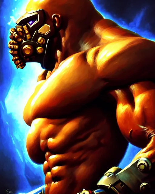 Image similar to doomfist from overwatch, fantasy, fantasy art, character portrait, portrait, close up, highly detailed, intricate detail, amazing detail, sharp focus, vintage fantasy art, vintage sci - fi art, radiant light, caustics, by boris vallejo