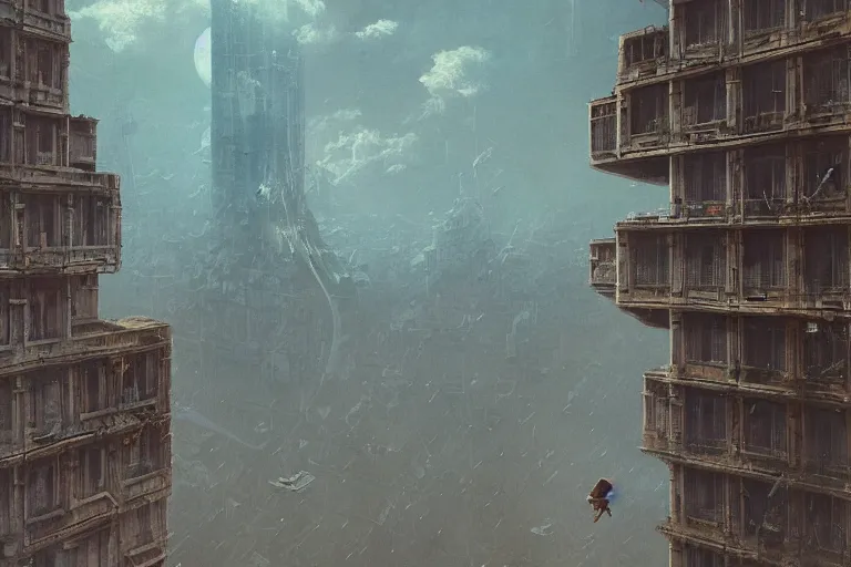 Image similar to man falling from the top of the building, wide shot, sci fi, art by mike winkelmann, trending on cgsociety, retrofuturism, darksynth, sci - fi, reimagined by beksinski carl spitzweg