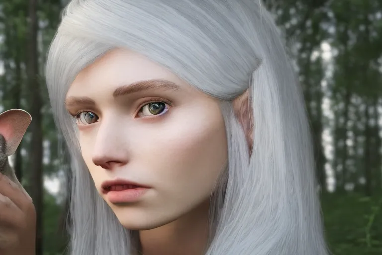 Prompt: hyperrealistic portrait of stunningly beautiful silver haired girl with mice ears, lit by dawn light, deep forest on background, trending on artstation,ultrawide angle, f8 , polarizer , unreal engine