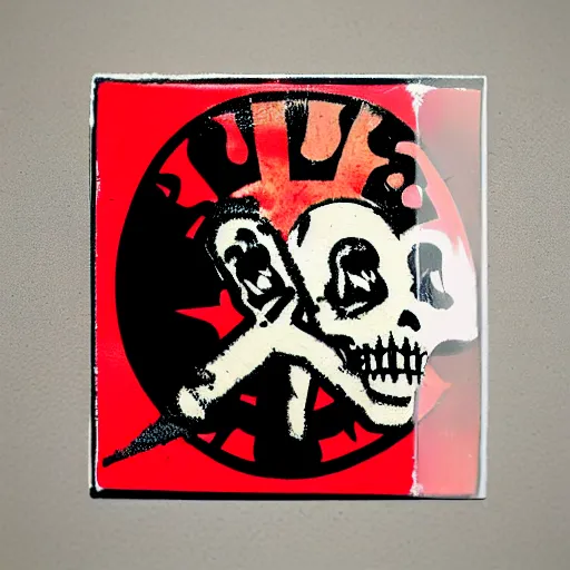 Prompt: painting on a badge, punks not dead!, exploited, clash, punk rock album cover art style, grunge, no future