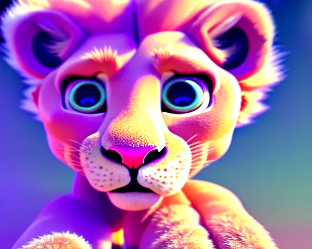 Image similar to a cute baby lion, big eyes, soft fur texture, pastel colours, colorful, glitter crystals, cute, pixar animation style, detailed, soft light, octane render, 4 k,