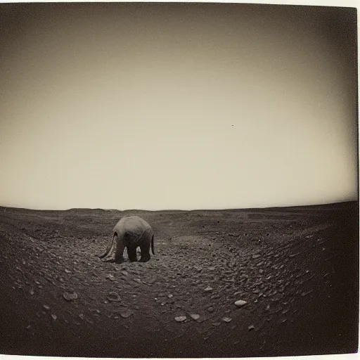 Prompt: extremely detailed black and white polaroid picture by john l. gaunt of a baby elephant standing on the moon's surface. the sky is ominous and filled with crashing meteorites. very grainy picture. dramatic lighting.