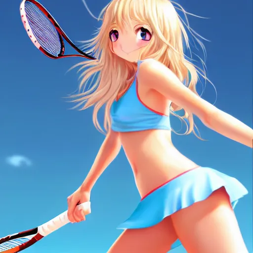 Image similar to a very beautiful young anime tennis girl, full body, long wavy blond hair, sky blue eyes, full round face, bikini, miniskirt, front view, mid - shot, highly detailed, cinematic wallpaper by stanley artgerm lau