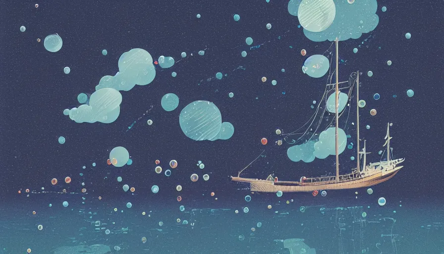 Image similar to a sailing ship in the sea with bubbles floating by inio asano, beeple and james jean, aya takano color style, 4 k, super detailed, night sky, digital art, digital painting, celestial, majestic, colorful