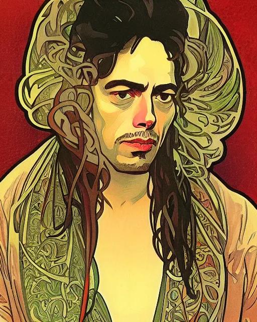 Image similar to a portrait painting of ( ( ( benicio del toro ) ) ) in the style of alphonse mucha!!!